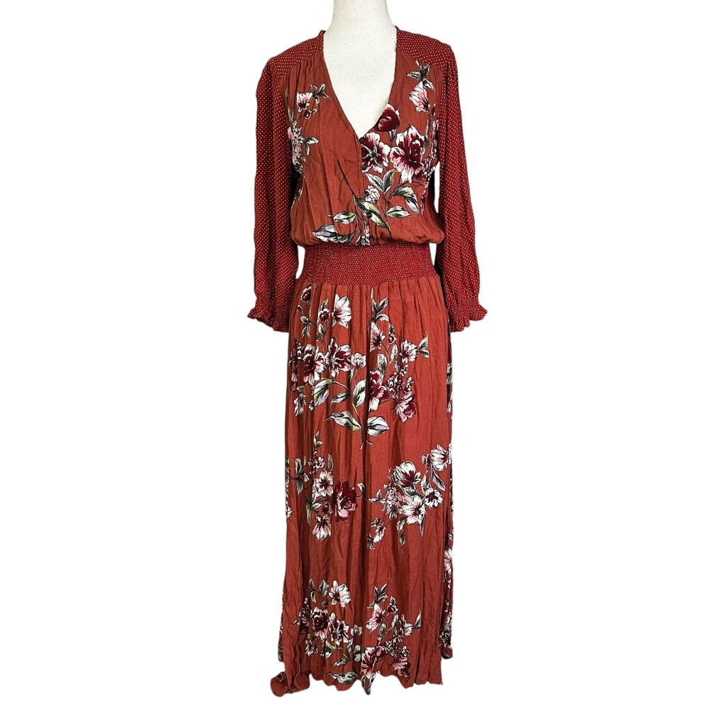 Mystree Womens Small Rust Floral Polka Dot Boho V-Neck Smocked Maxi Dress | 0242